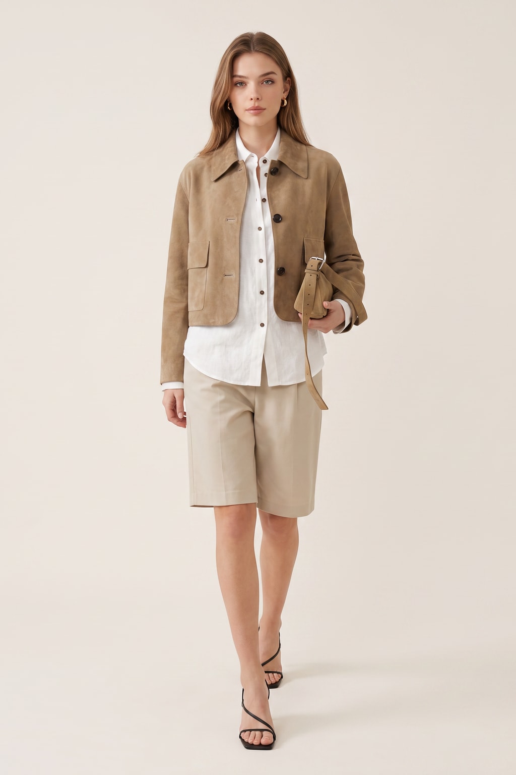 Chic Short Suede Jacket in Beige Minimalist Fit - 3