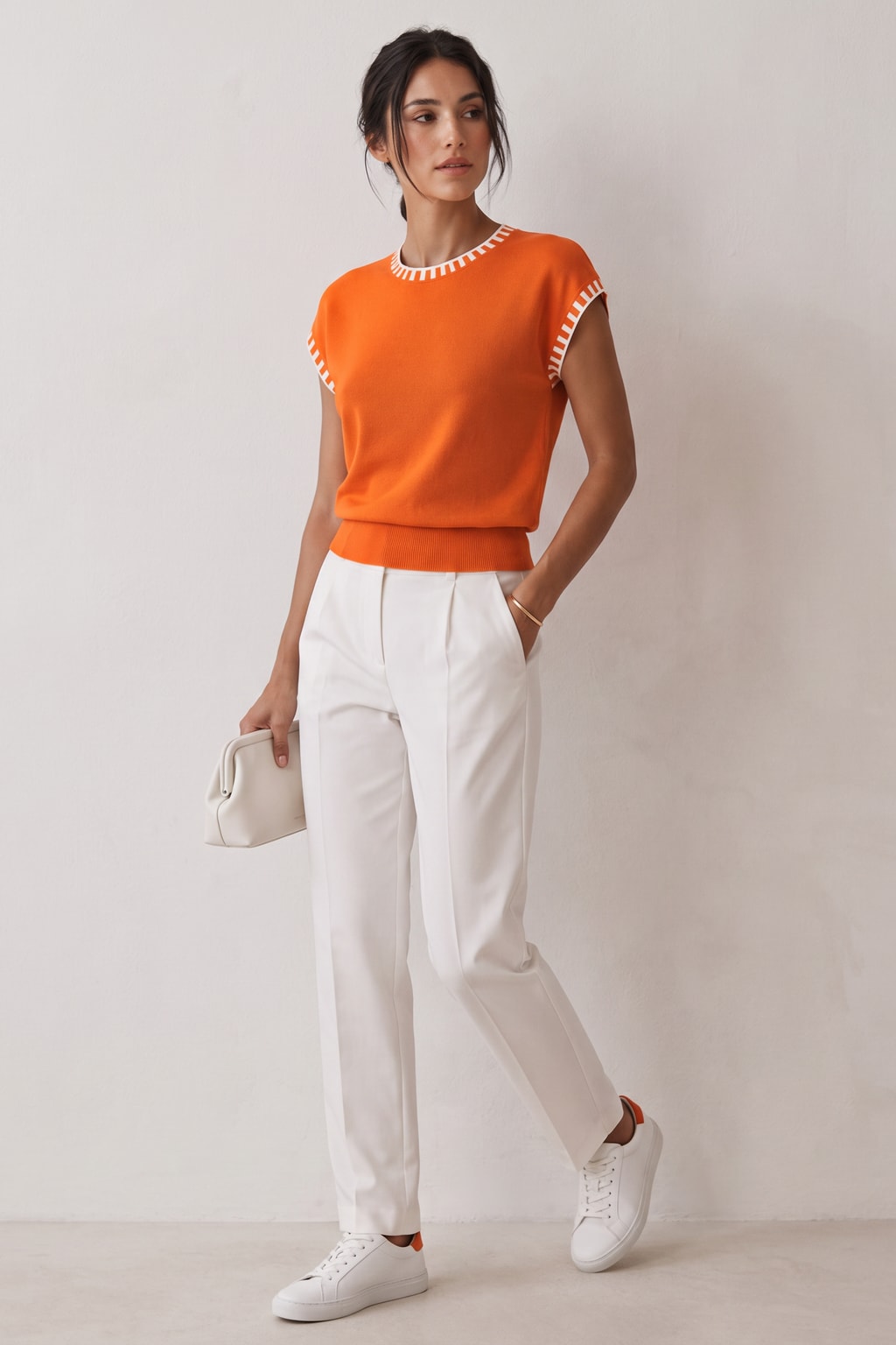 Knit Cap Sleeve Top With Contrast Trim - 4