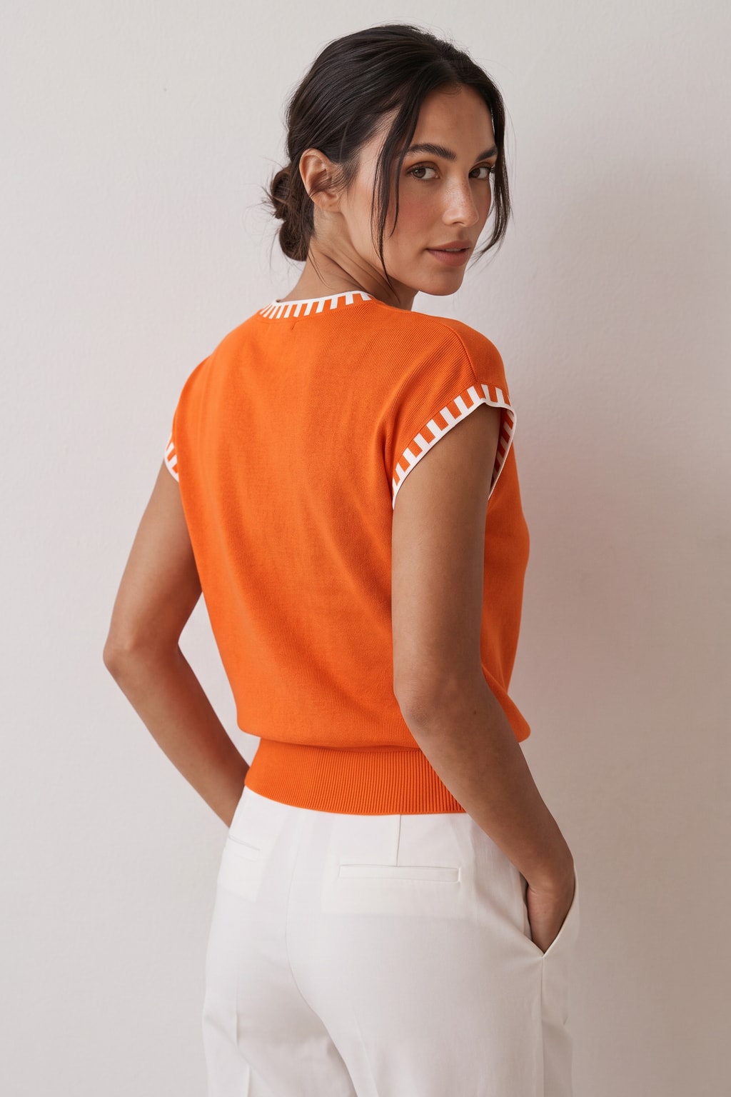 Knit Cap Sleeve Top With Contrast Trim - 3