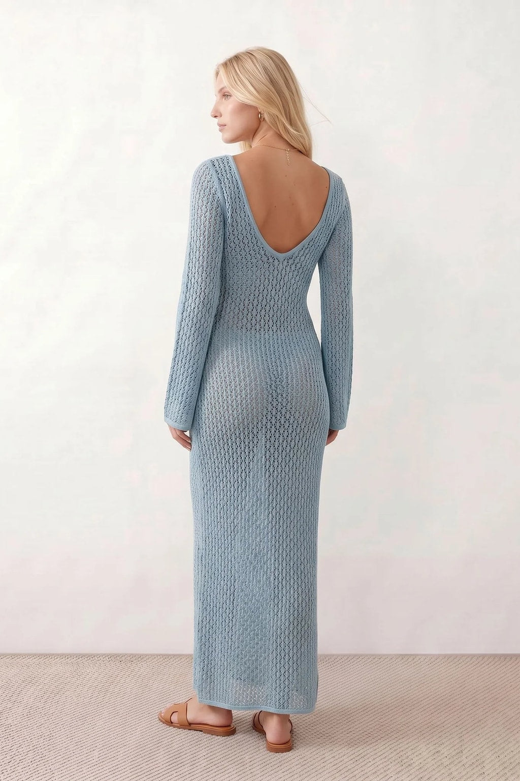 Open-Knit Crochet Plunge Maxi Dress - 4