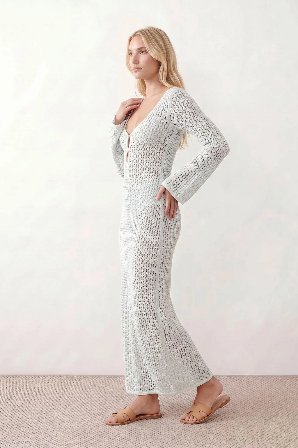 Open-Knit Crochet Plunge Maxi Dress - 5