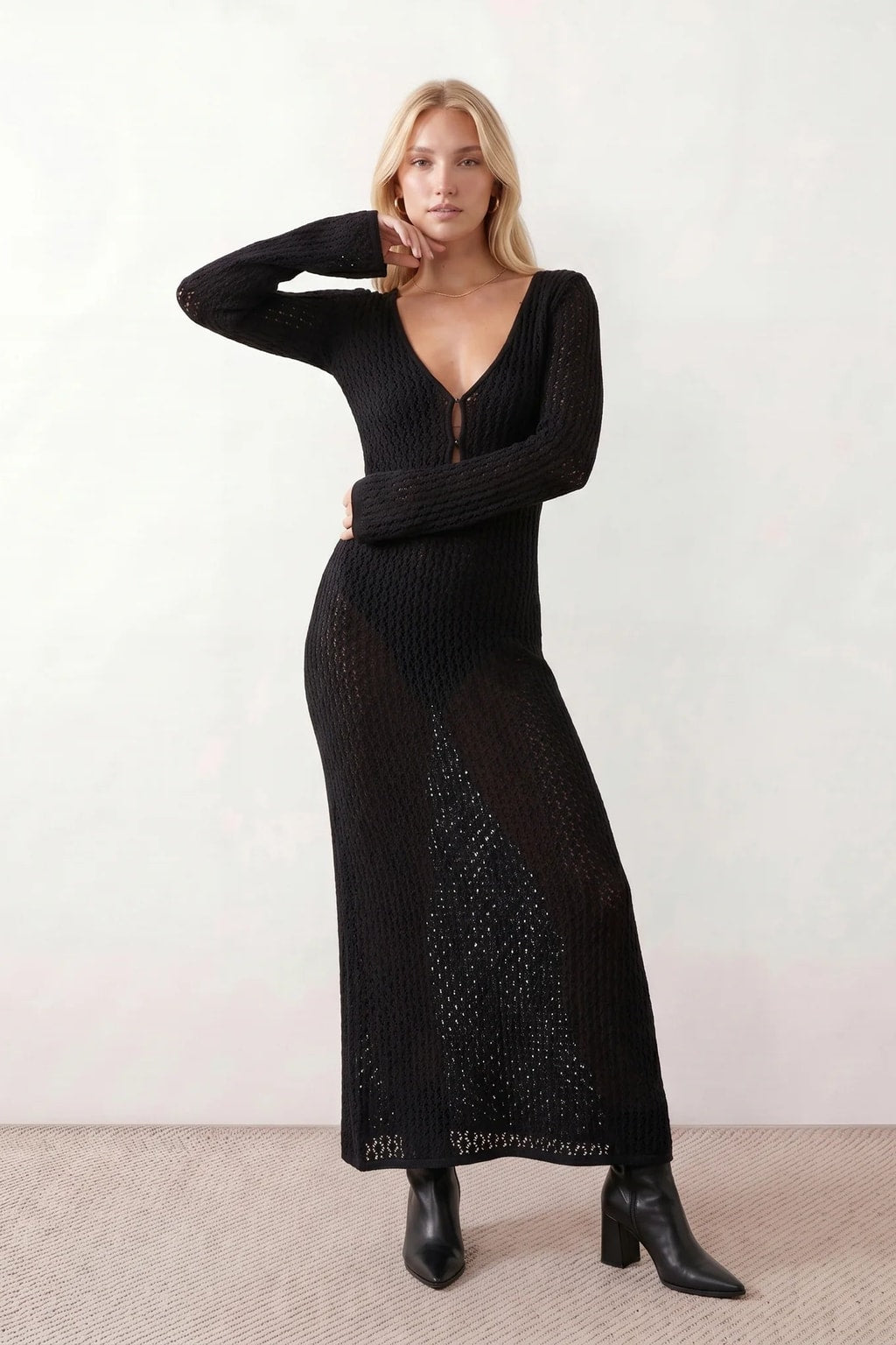Open-Knit Crochet Plunge Maxi Dress - 7