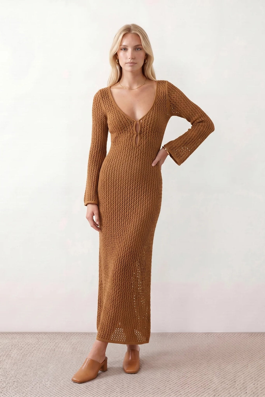 Open-Knit Crochet Plunge Maxi Dress - 9