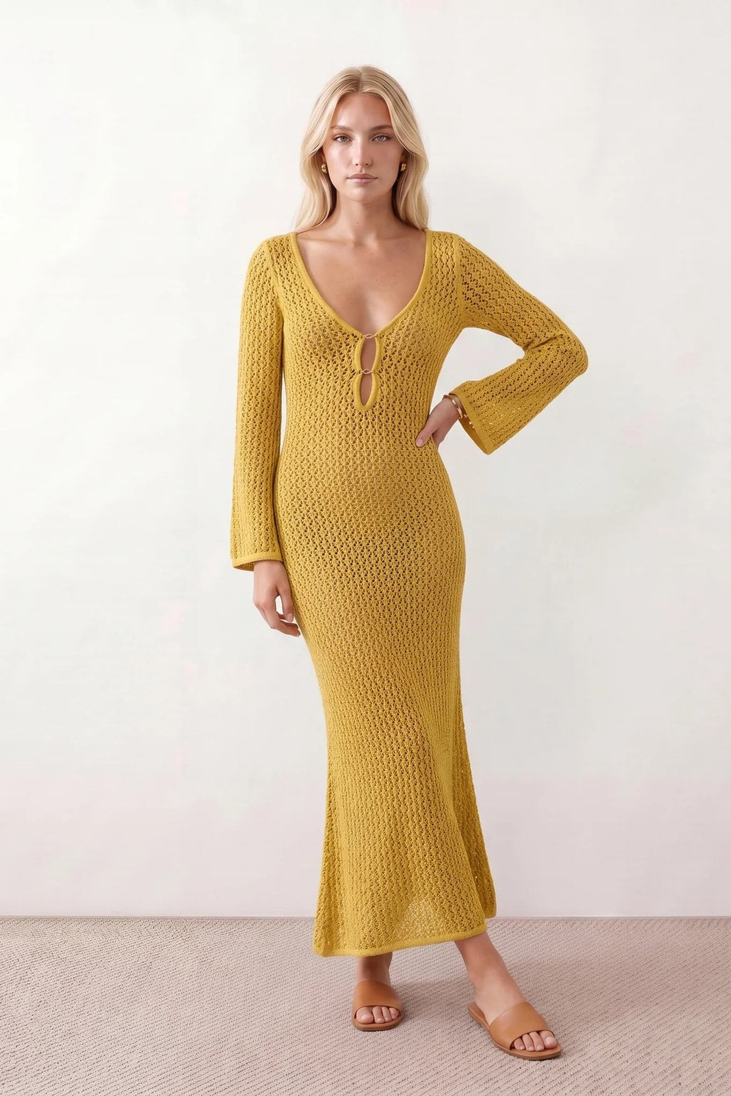 Open-Knit Crochet Plunge Maxi Dress - 11