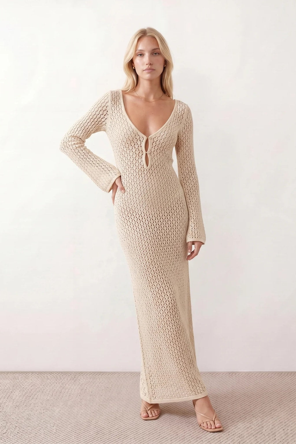 Open-Knit Crochet Plunge Maxi Dress - 15