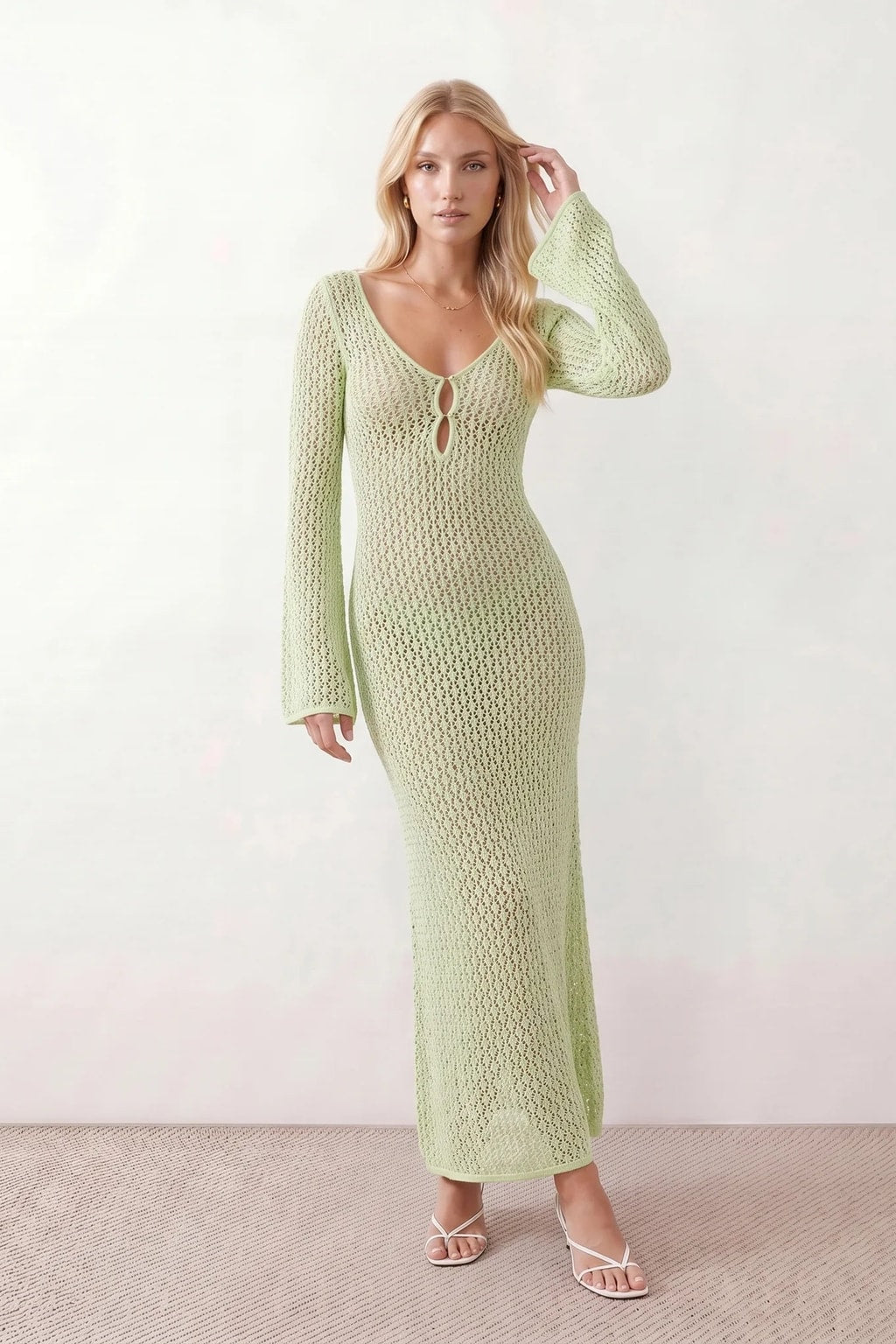 Open-Knit Crochet Plunge Maxi Dress - 17