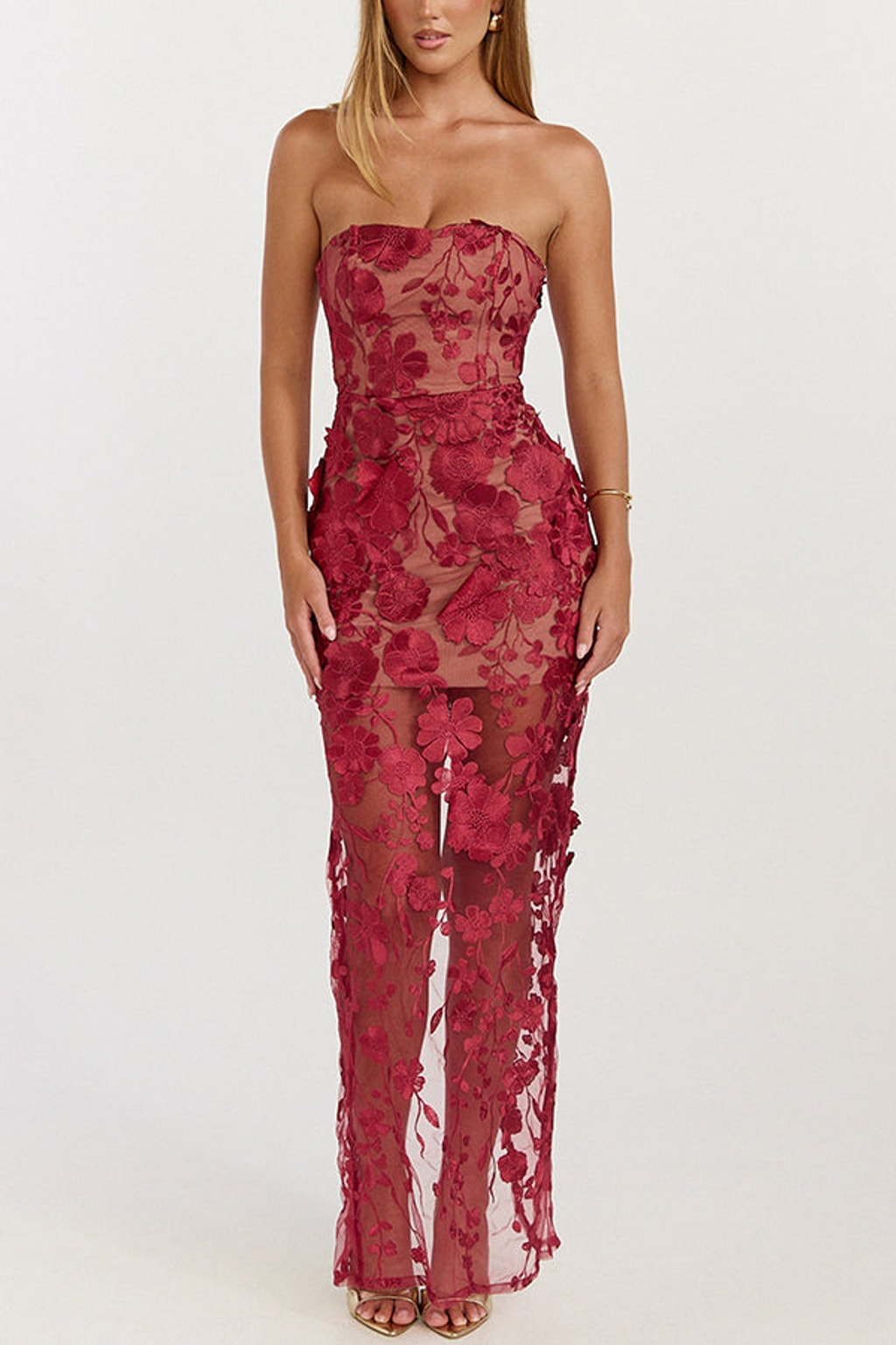 Embroidered Polyester Maxi Dress With Off Shoulder Neckline - 6