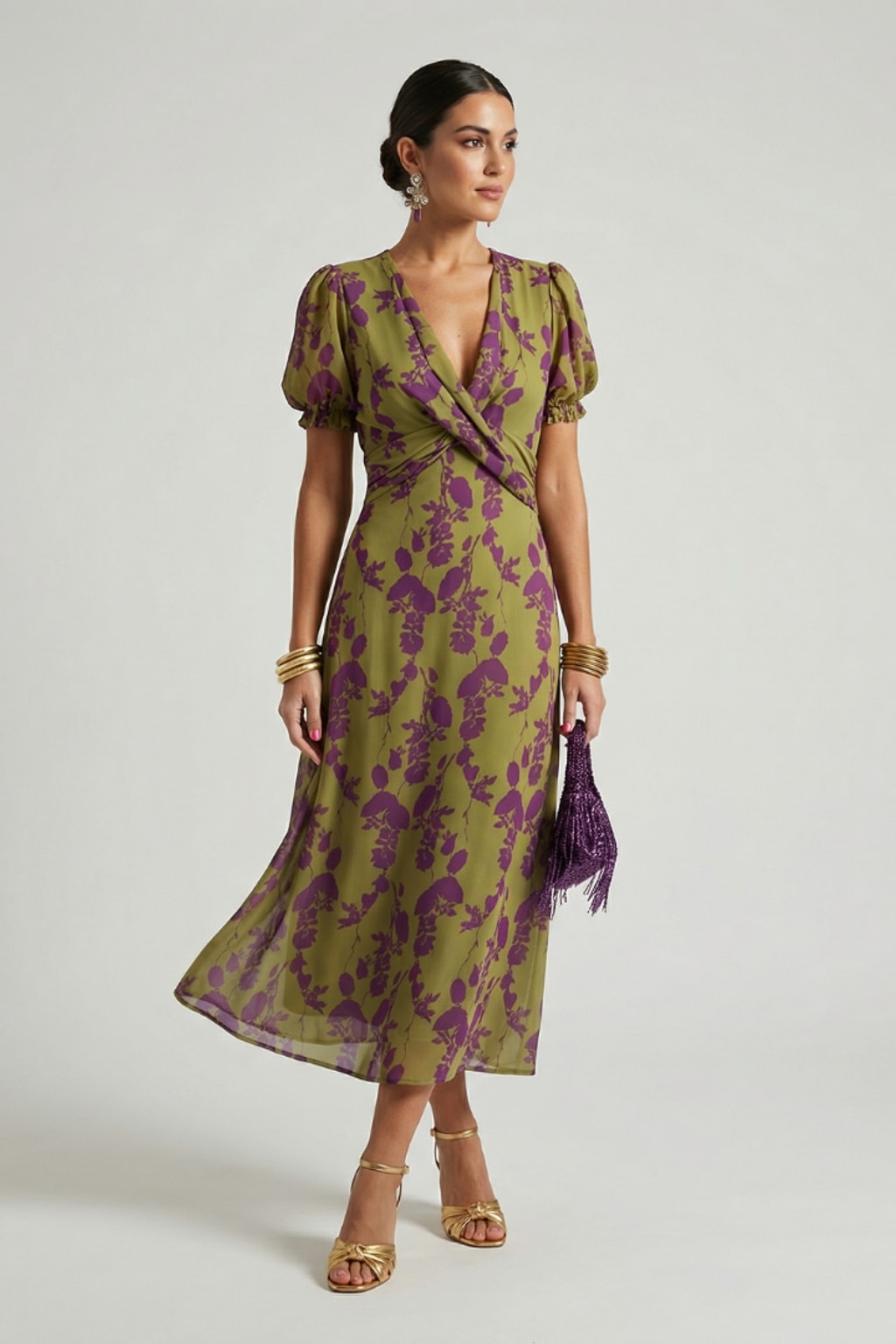 Elegant Lightweight Floral Wrap Midi Dress - 2