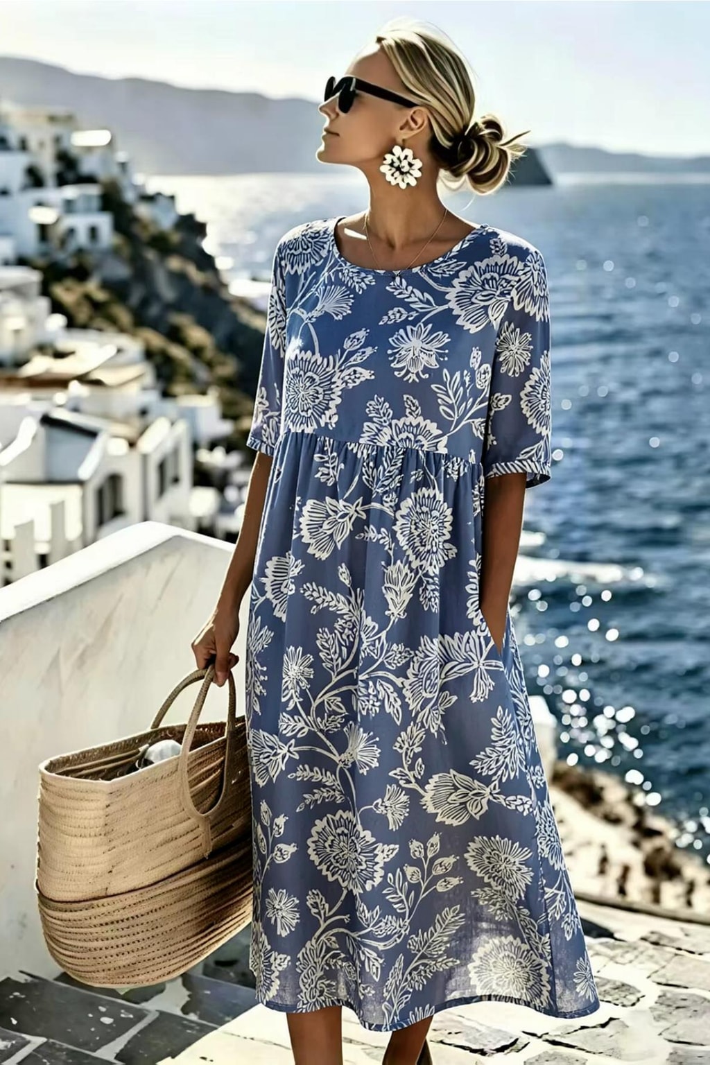 Cotton Blend Midi Dress With Relaxed Flowy Fit - 3