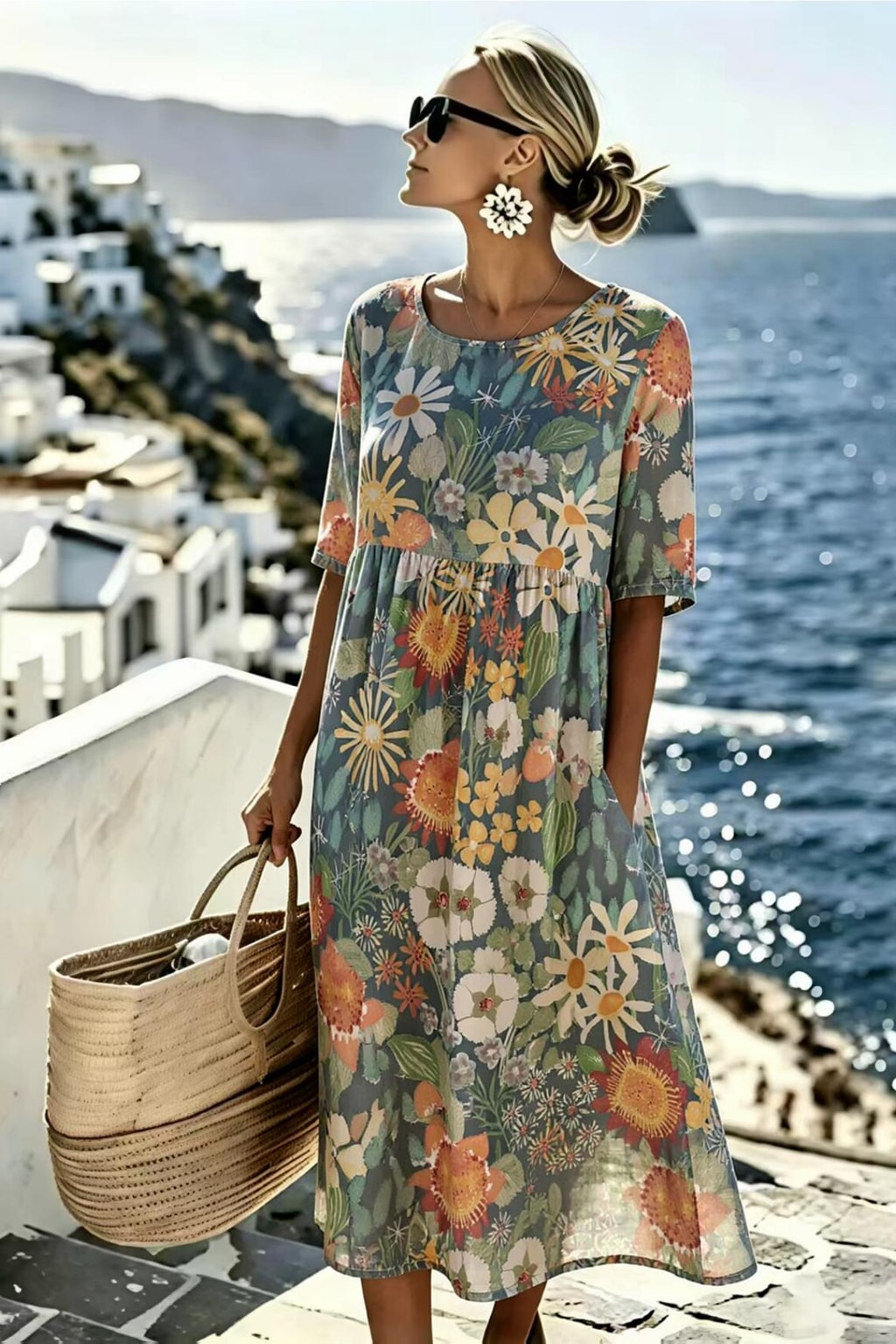 Cotton Blend Midi Dress With Relaxed Flowy Fit - 4