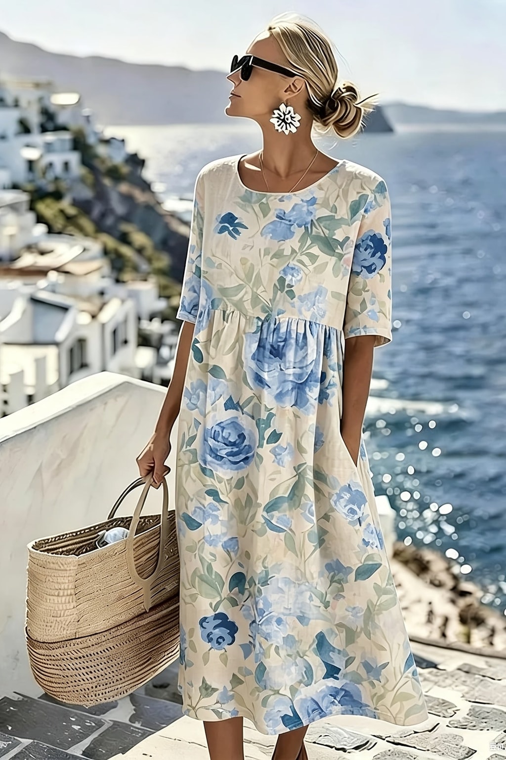 Cotton Blend Midi Dress With Relaxed Flowy Fit - 5