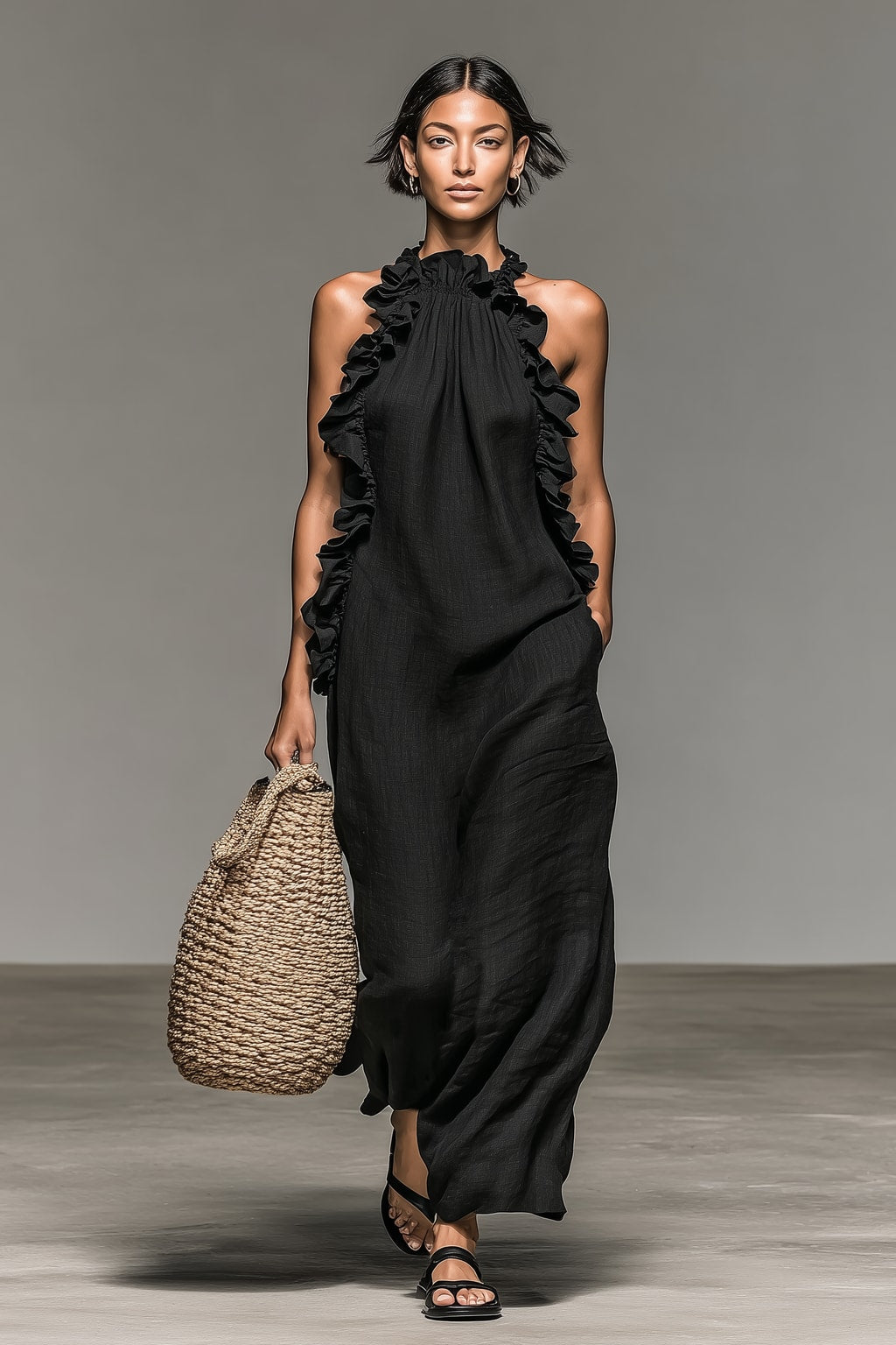 Breathable Sleeveless Maxi Dress with Ruffle Trim - 2