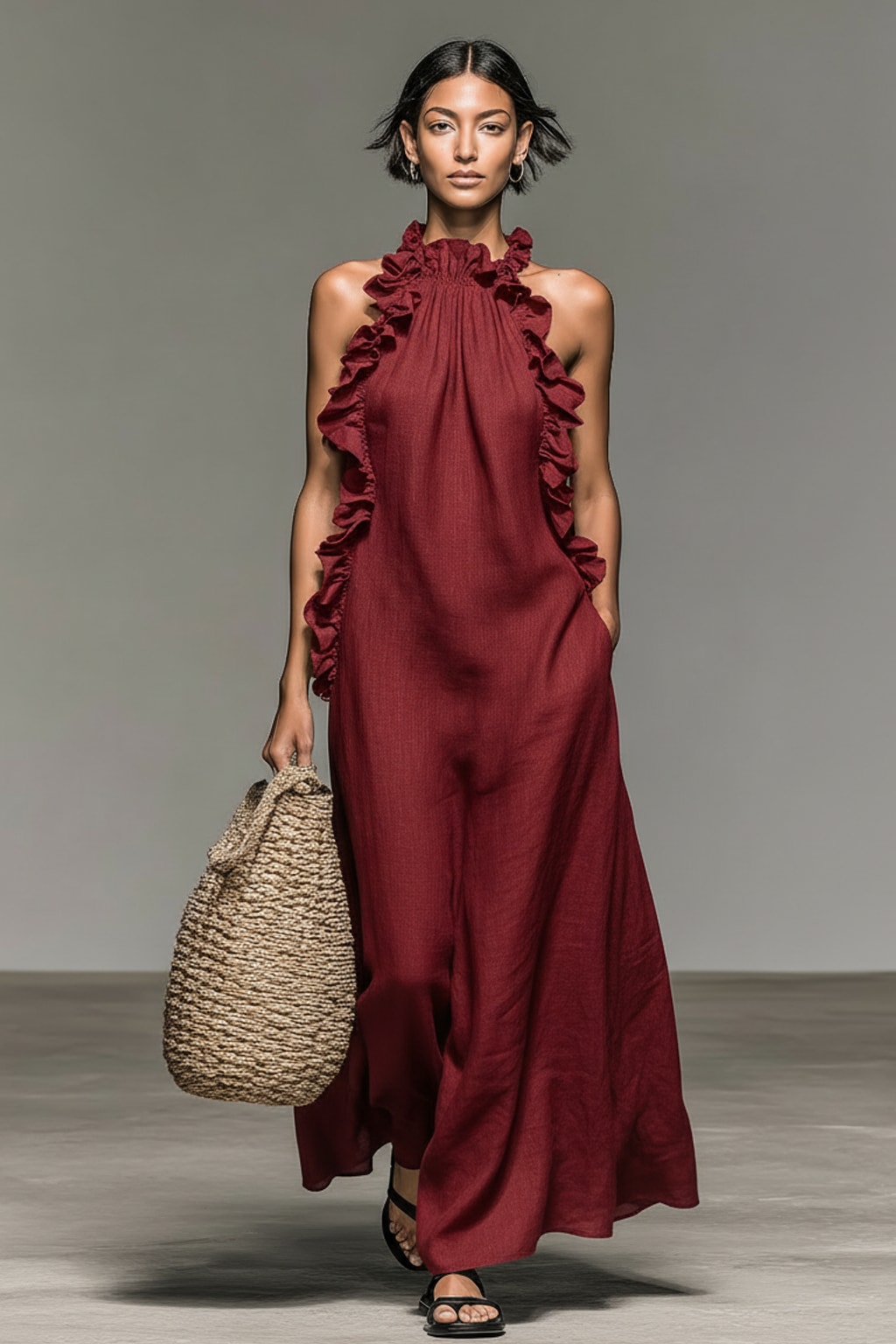 Breathable Sleeveless Maxi Dress with Ruffle Trim - 6
