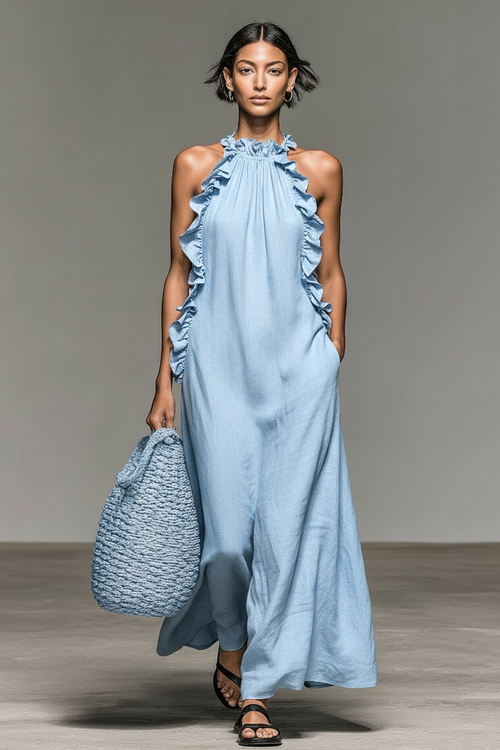 Breathable Sleeveless Maxi Dress with Ruffle Trim - 7