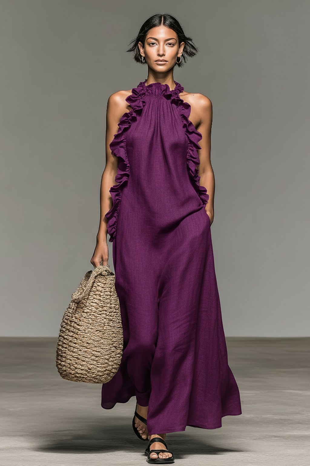 Breathable Sleeveless Maxi Dress with Ruffle Trim - 8