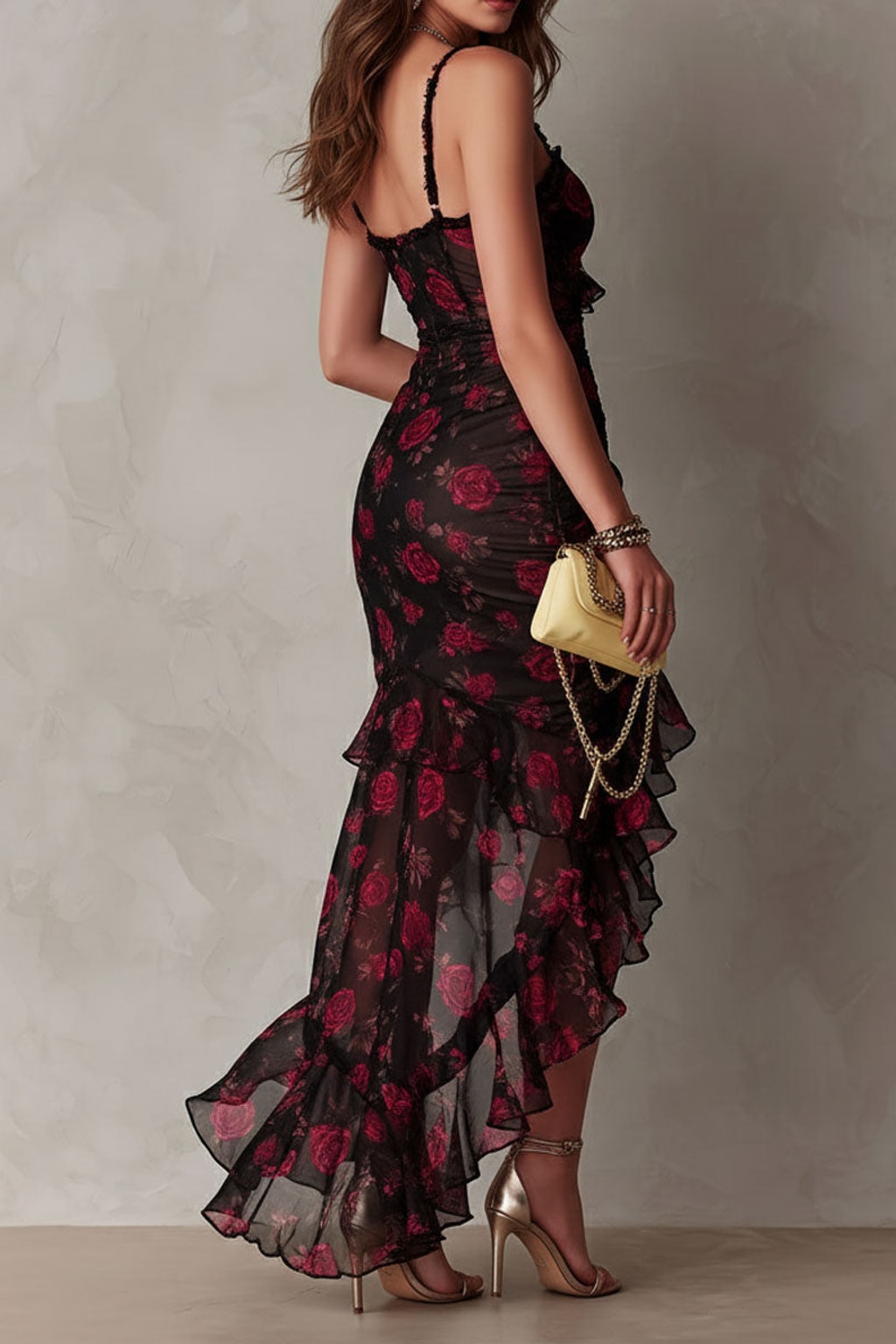 Romantic Black Floral Mesh Midi Dress with Ruffle Hem - 4