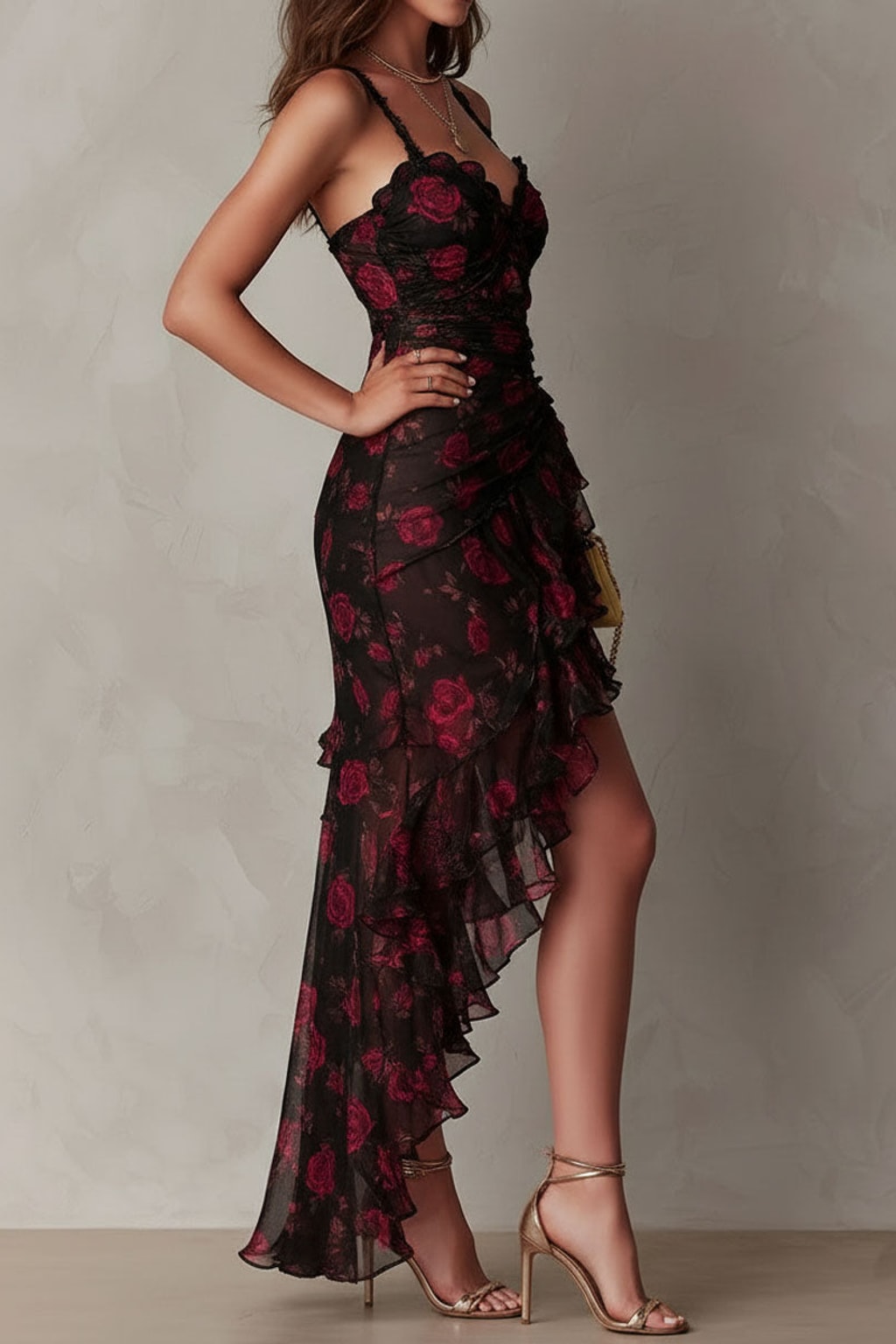 Romantic Black Floral Mesh Midi Dress with Ruffle Hem - 5