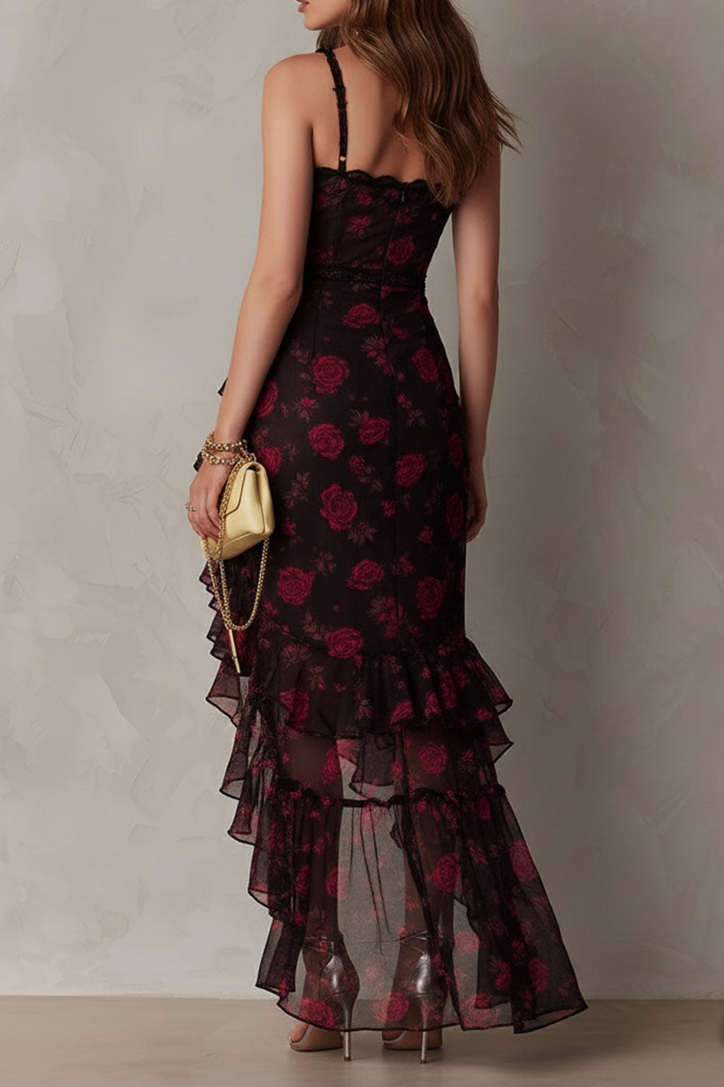 Romantic Black Floral Mesh Midi Dress with Ruffle Hem - 6