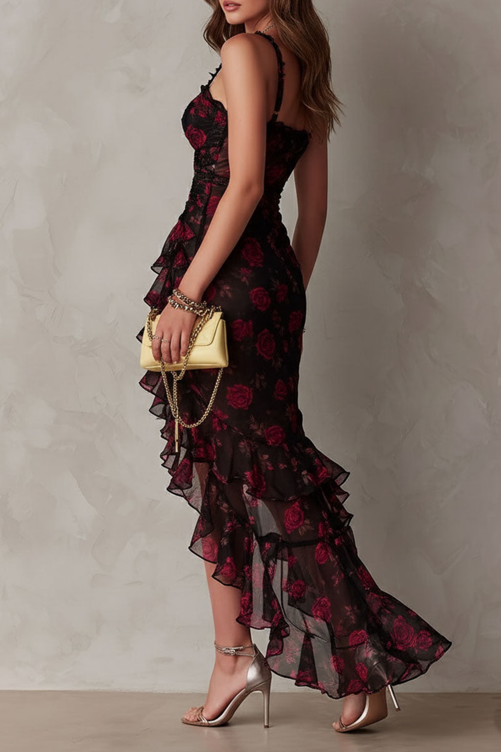 Romantic Black Floral Mesh Midi Dress with Ruffle Hem - 7