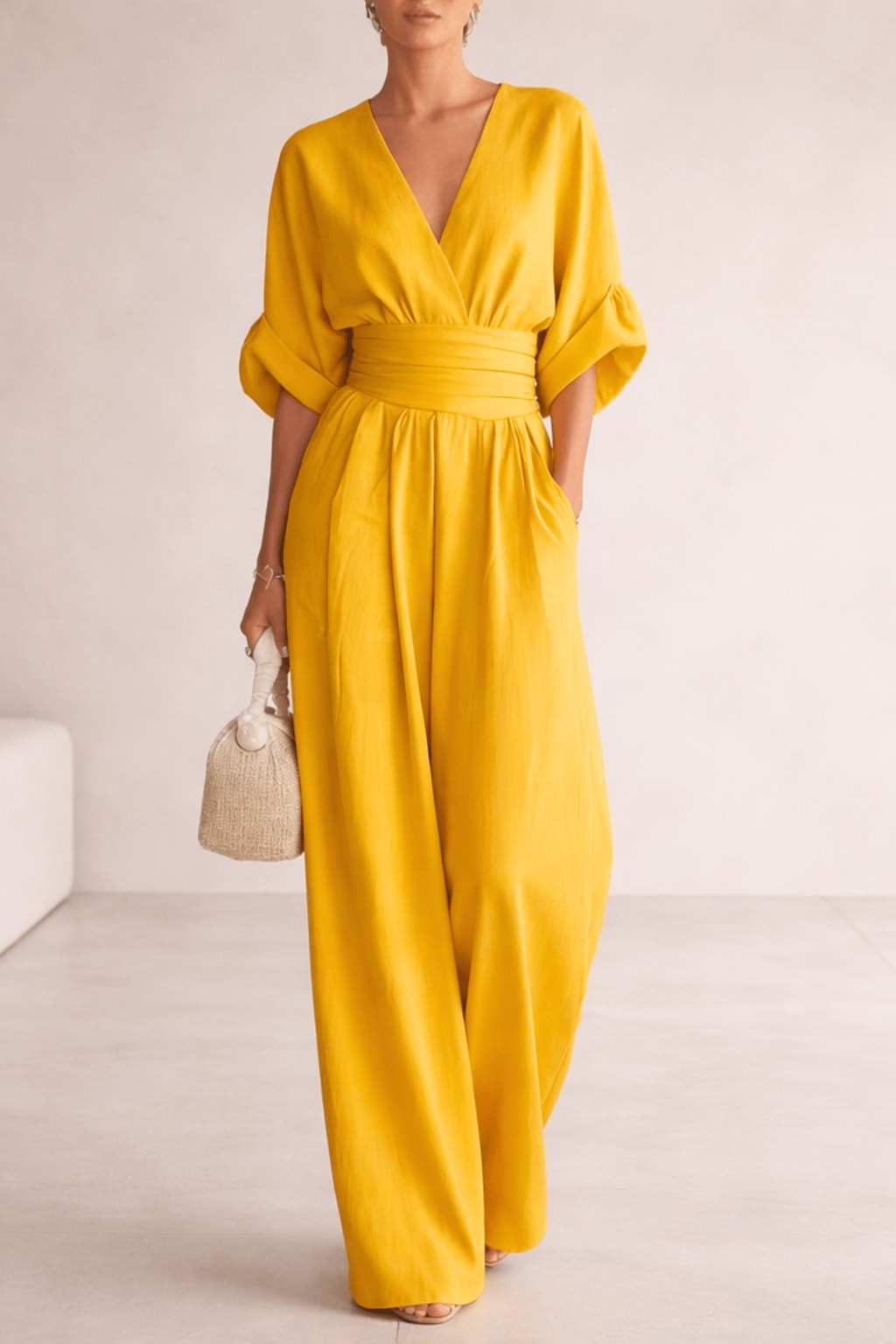 Lightweight Wide Leg V-Neck Jumpsuit - 3