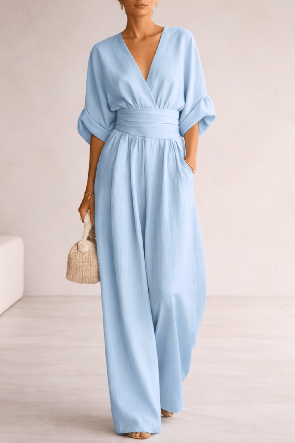 Lightweight Wide Leg V-Neck Jumpsuit - 4
