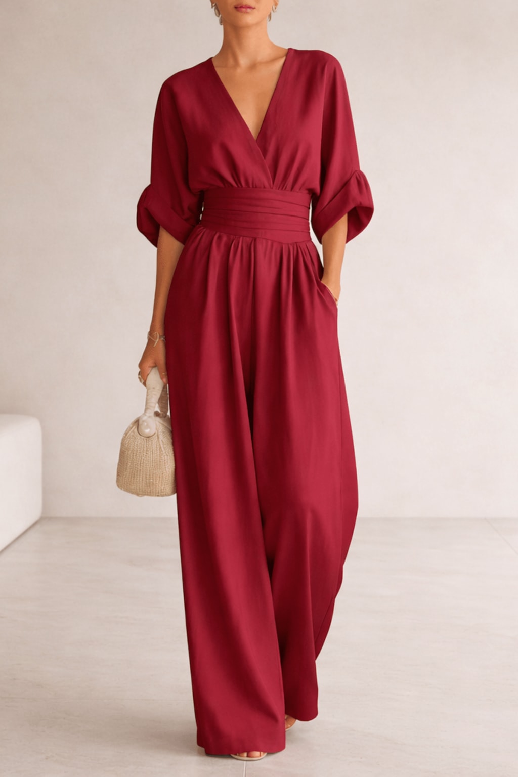 Lightweight Wide Leg V-Neck Jumpsuit - 5