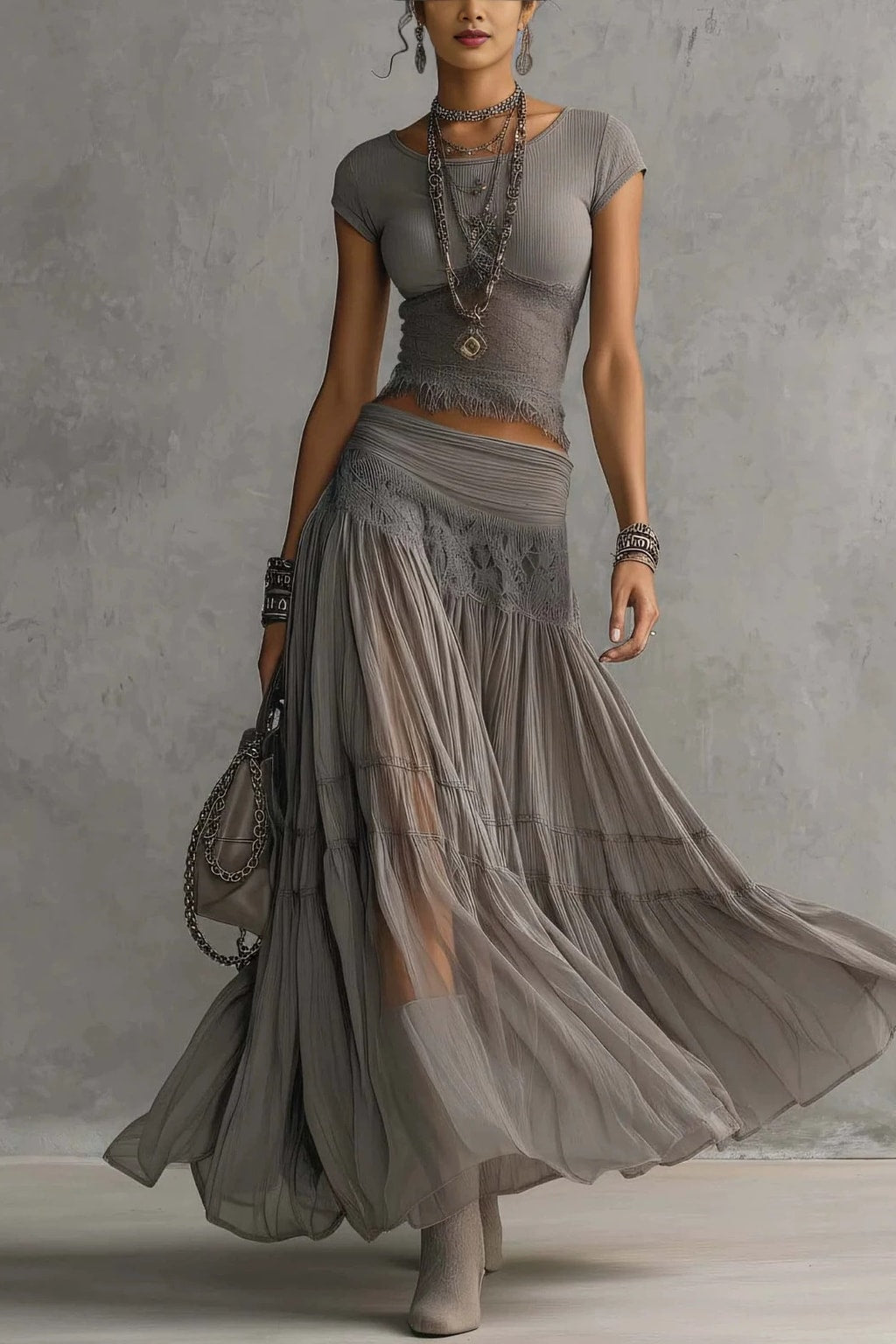Lace Paneled Two-Piece Maxi Skirt Set - 2