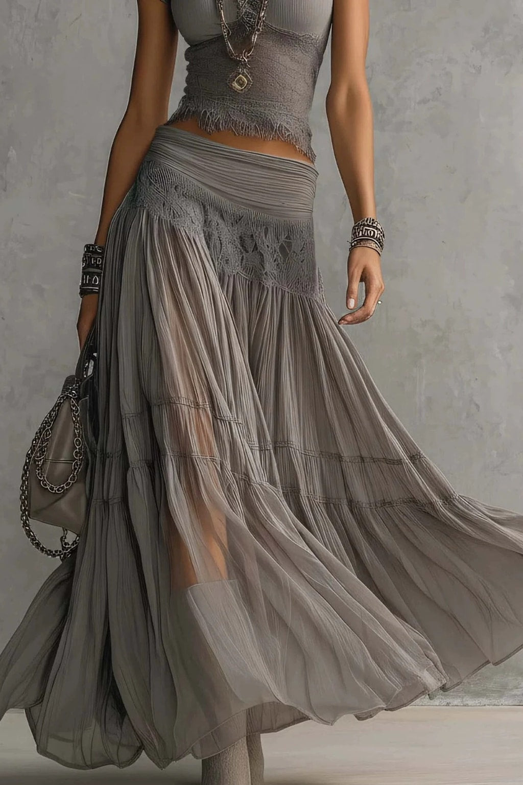 Lace Paneled Two-Piece Maxi Skirt Set - 4