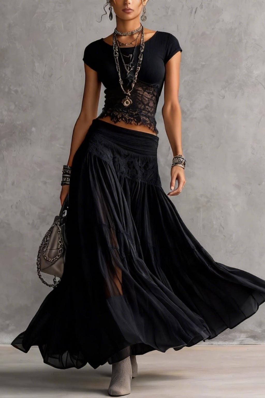 Lace Paneled Two-Piece Maxi Skirt Set - 6