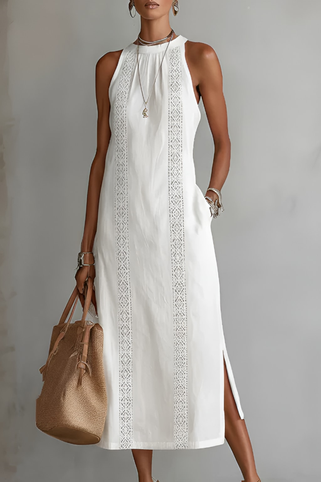 Linen-Blend Midi Dress With Mao Collar - 2