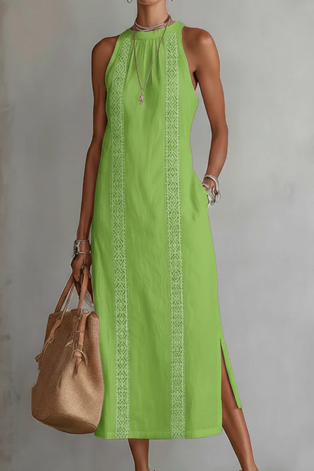 Linen-Blend Midi Dress With Mao Collar - 3