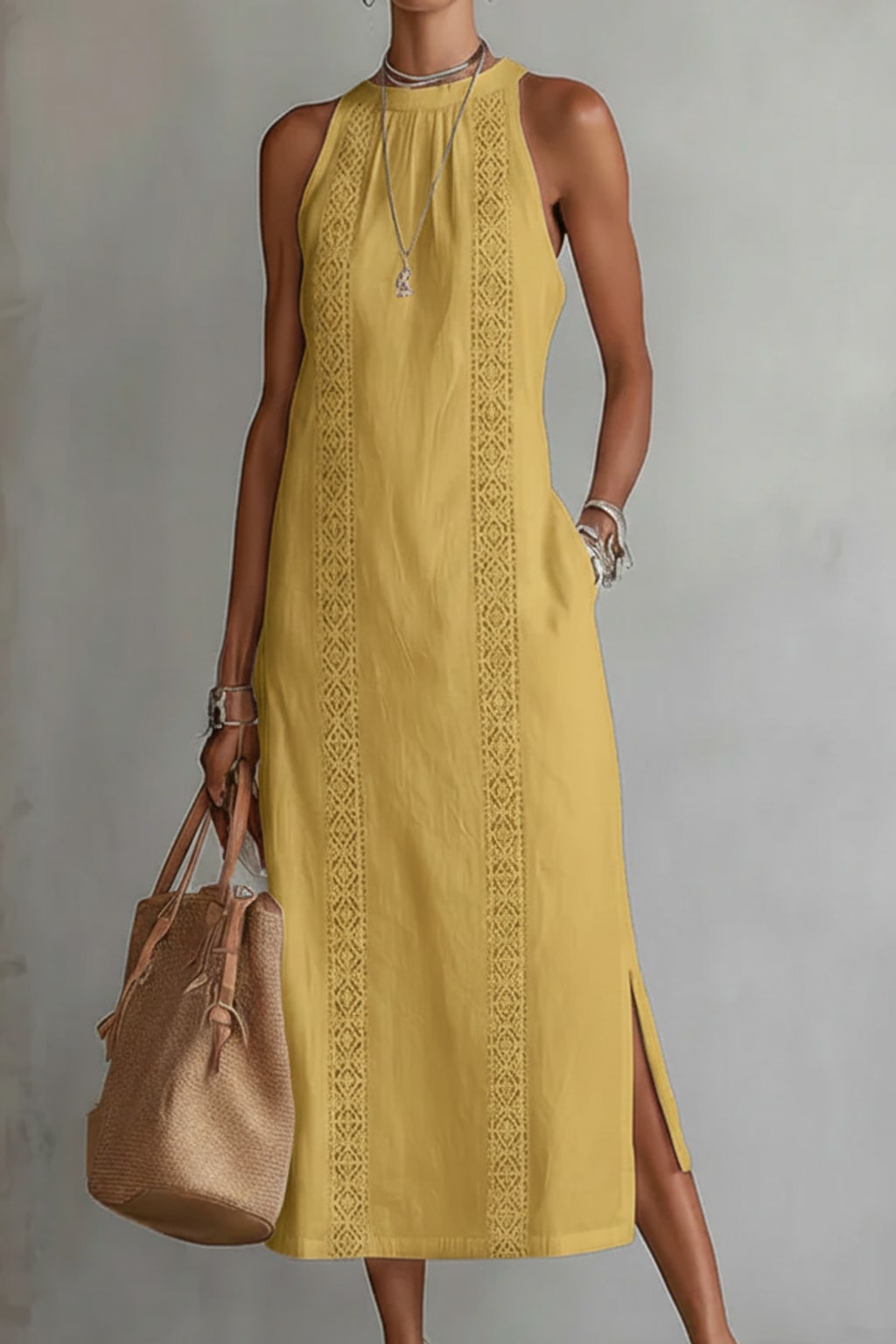 Linen-Blend Midi Dress With Mao Collar - 4