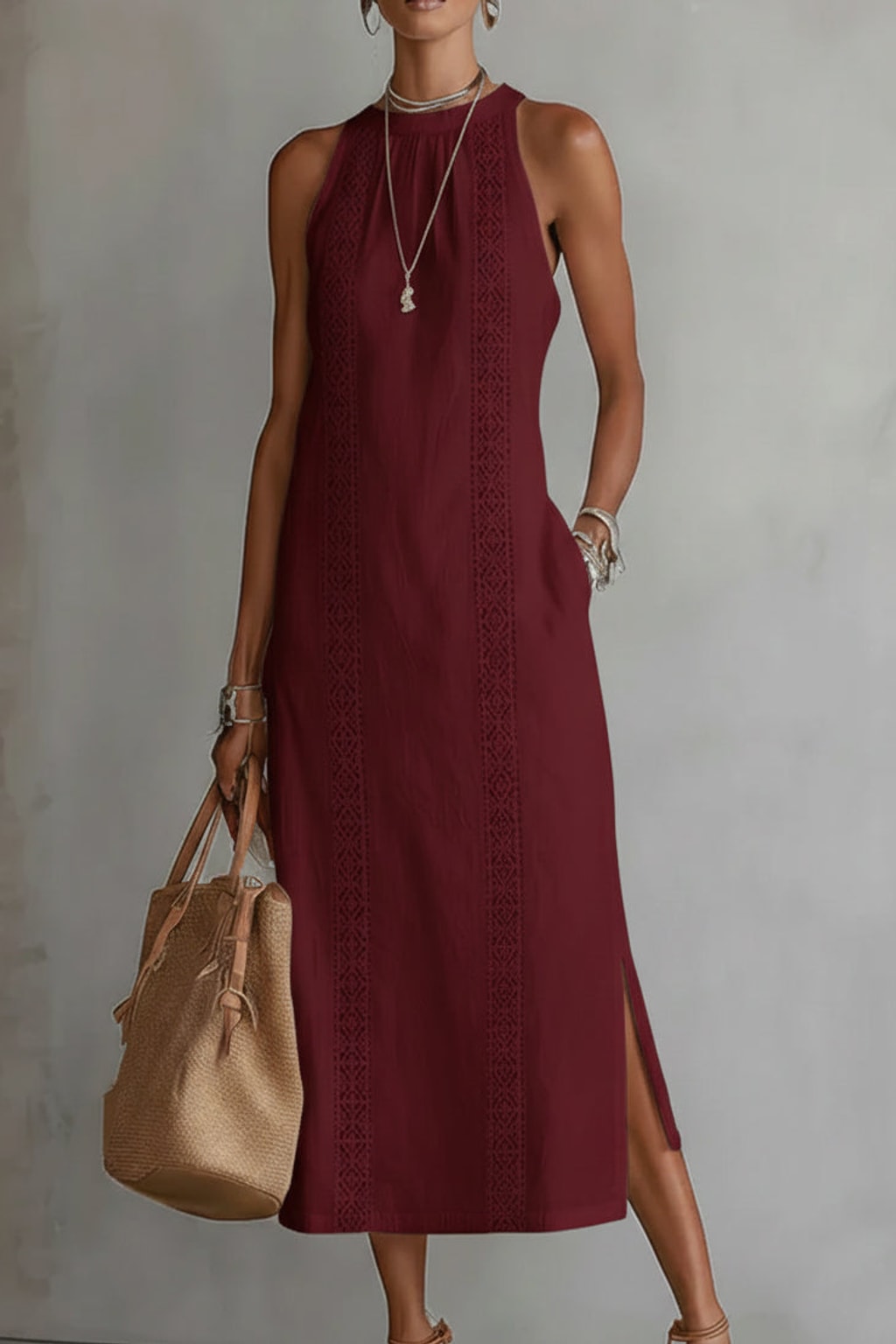 Linen-Blend Midi Dress With Mao Collar - 5