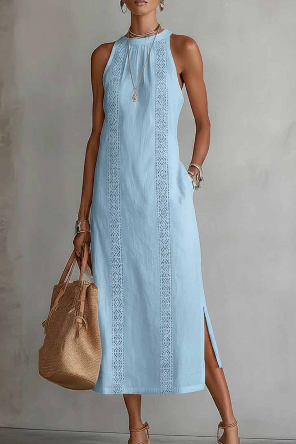 Linen-Blend Midi Dress With Mao Collar - 6