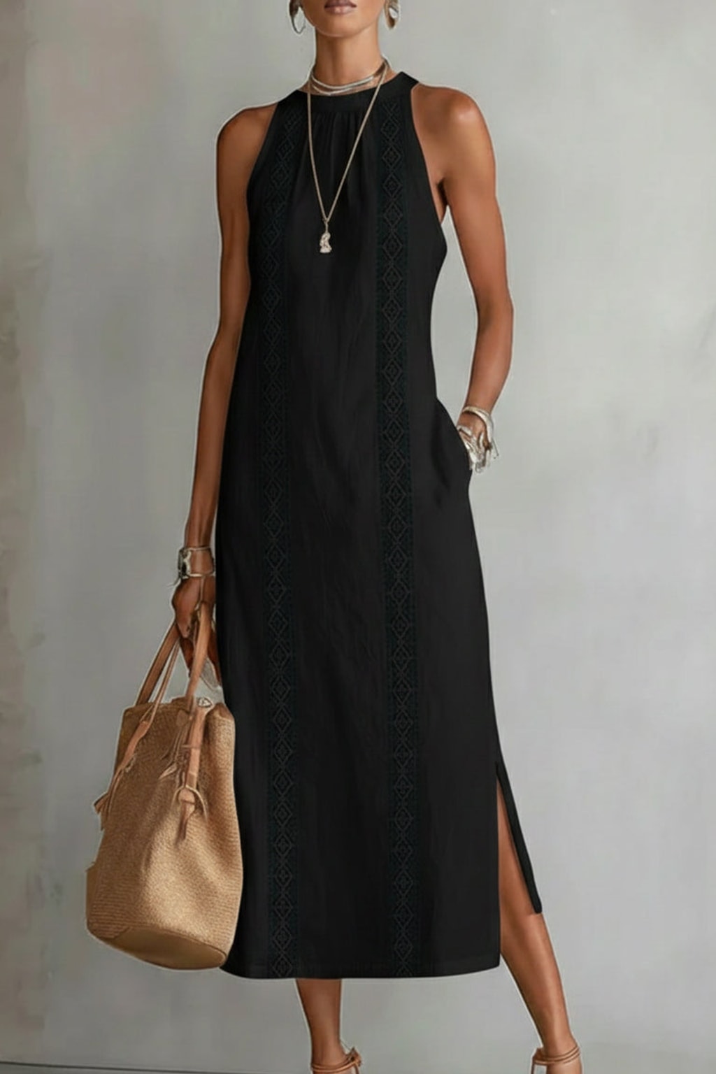 Linen-Blend Midi Dress With Mao Collar - 7