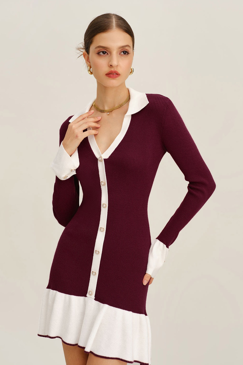 Wine Red Ribbed Knit Sweater Dress With Contrast Trim - 3