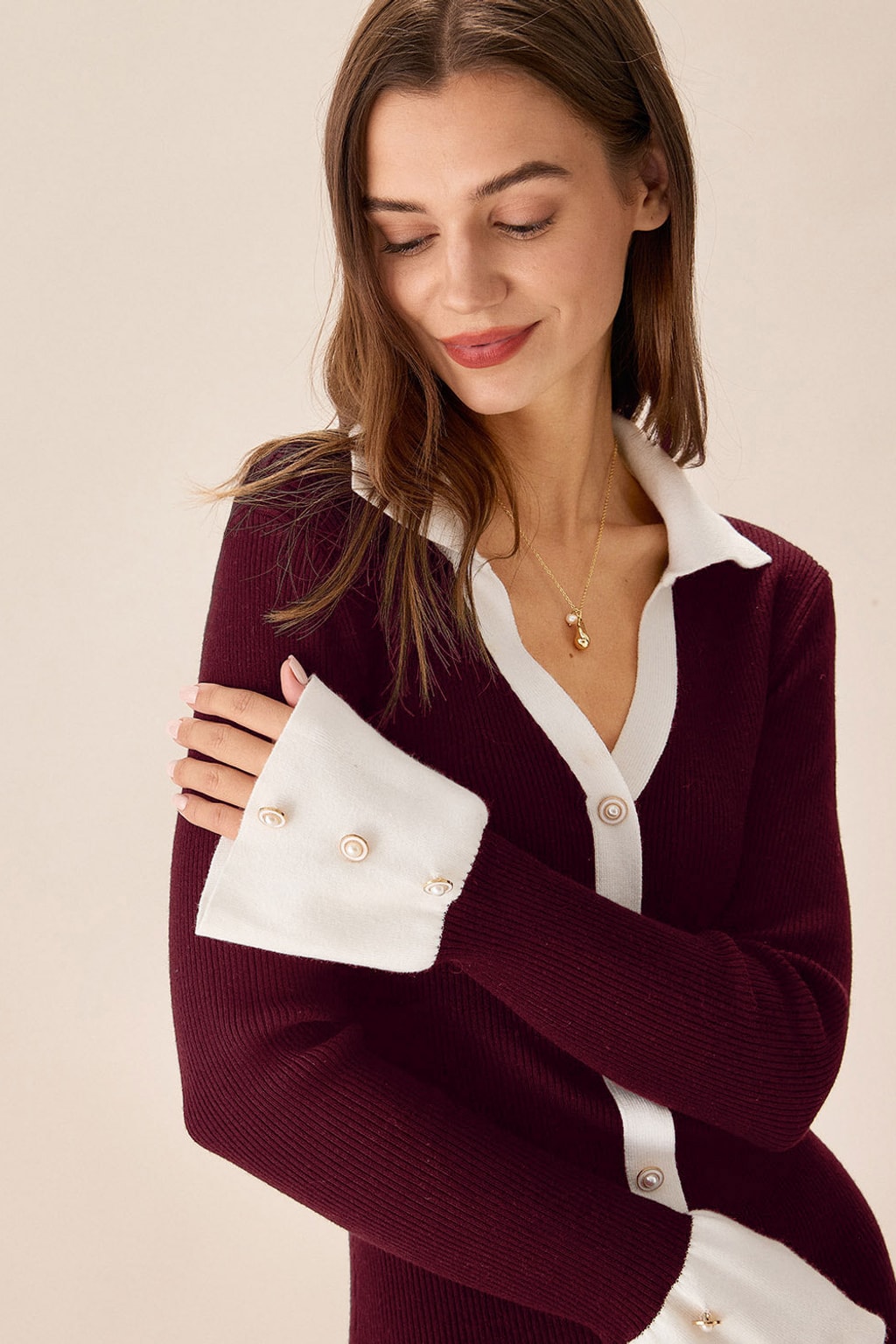 Wine Red Ribbed Knit Sweater Dress With Contrast Trim - 5