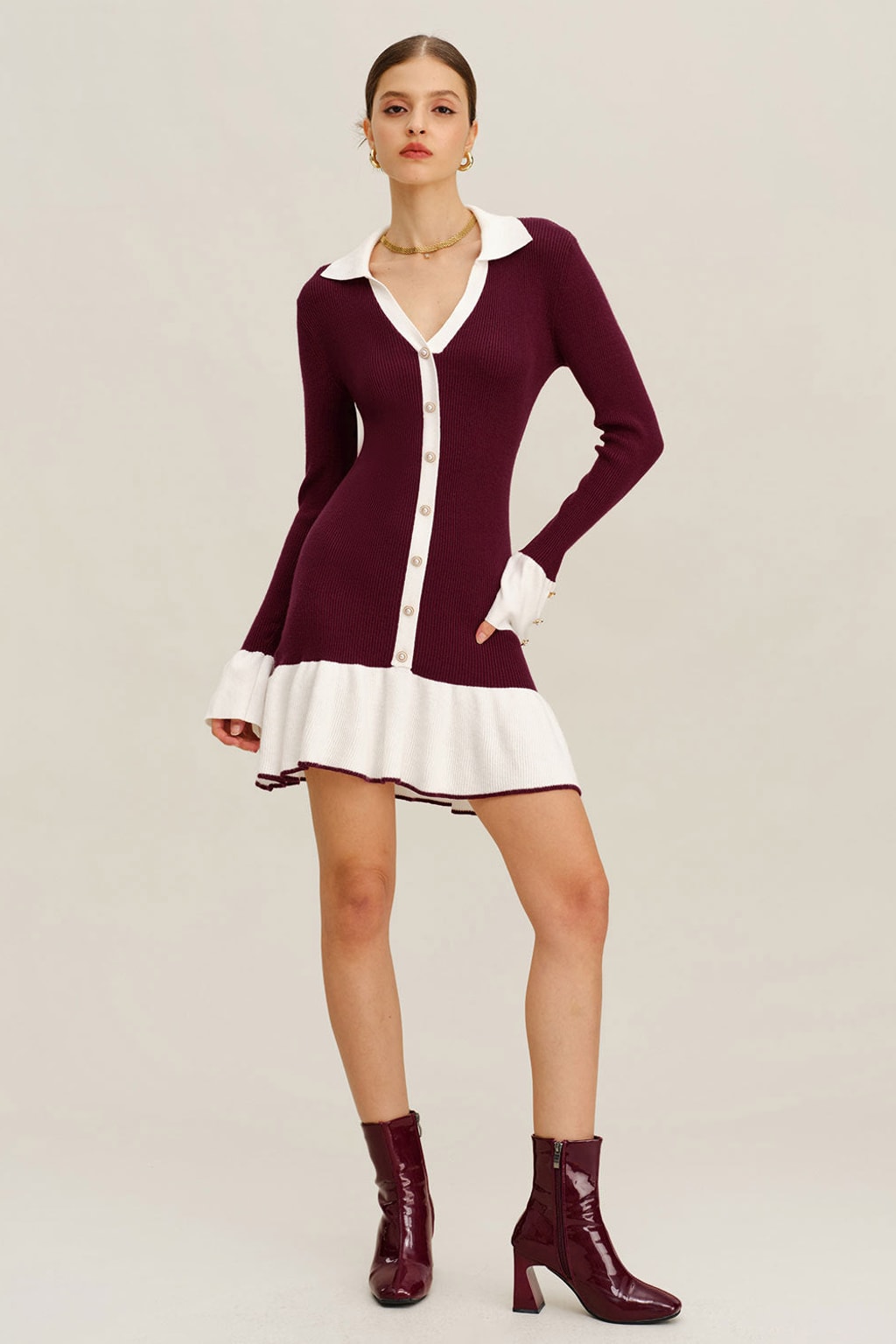 Wine Red Ribbed Knit Sweater Dress With Contrast Trim - 2