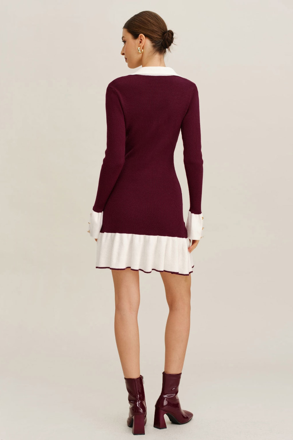 Wine Red Ribbed Knit Sweater Dress With Contrast Trim - 4