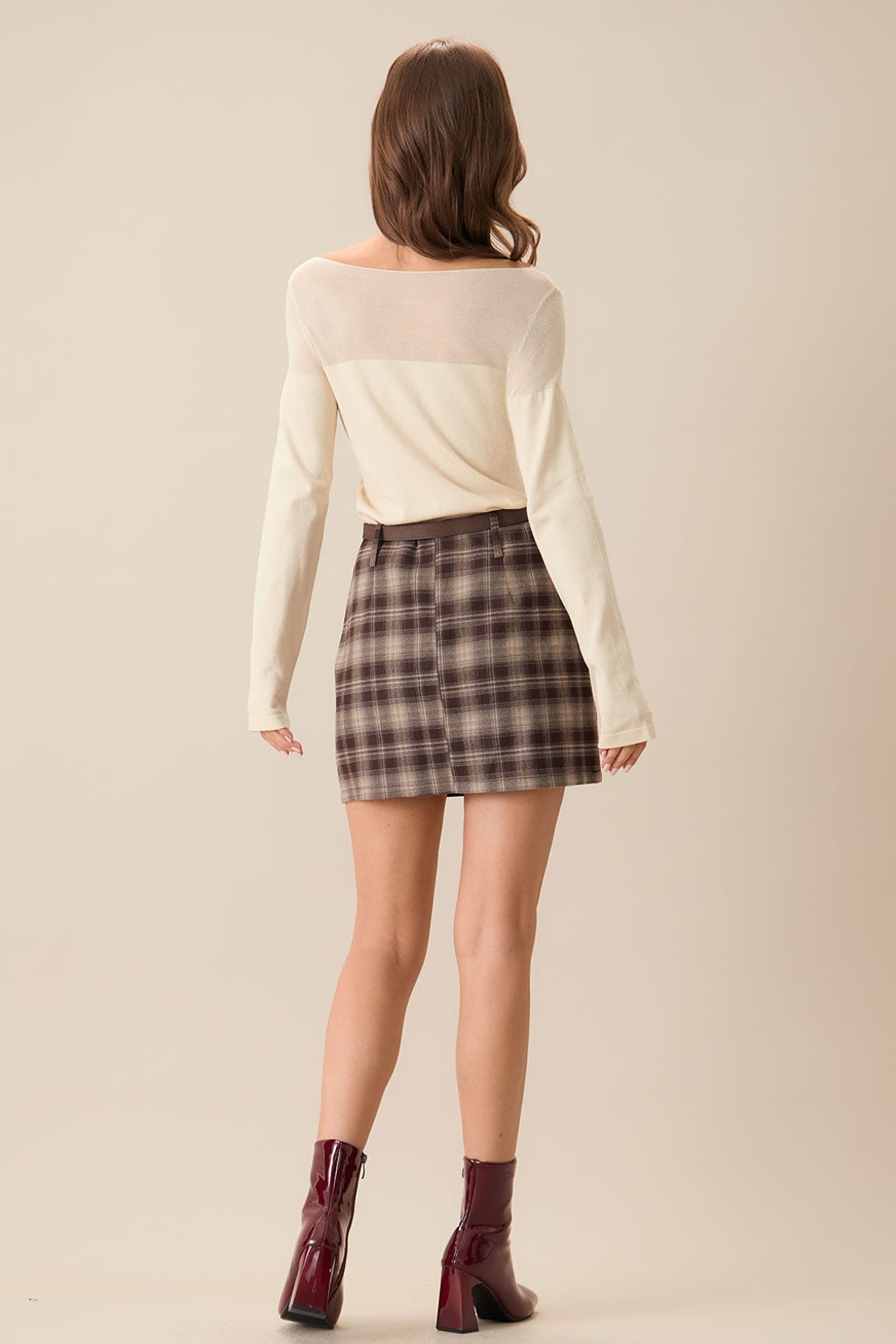 Coffee Plaid Straight Mini Skirt - 4