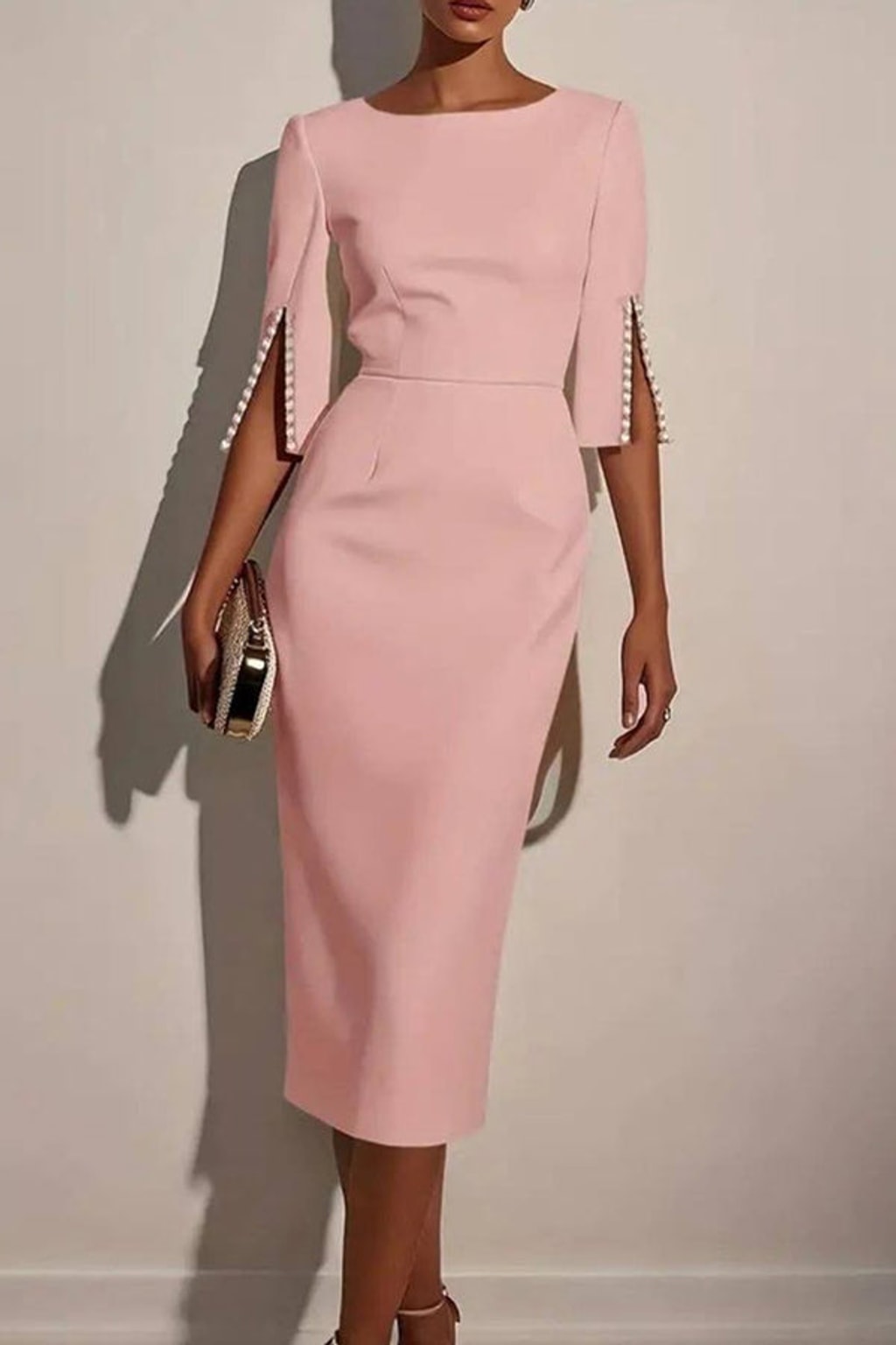 Elegant Polyester Beaded Round Neck Midi Dress - 3