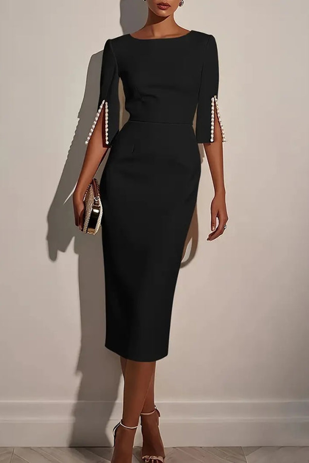 Elegant Polyester Beaded Round Neck Midi Dress - 4