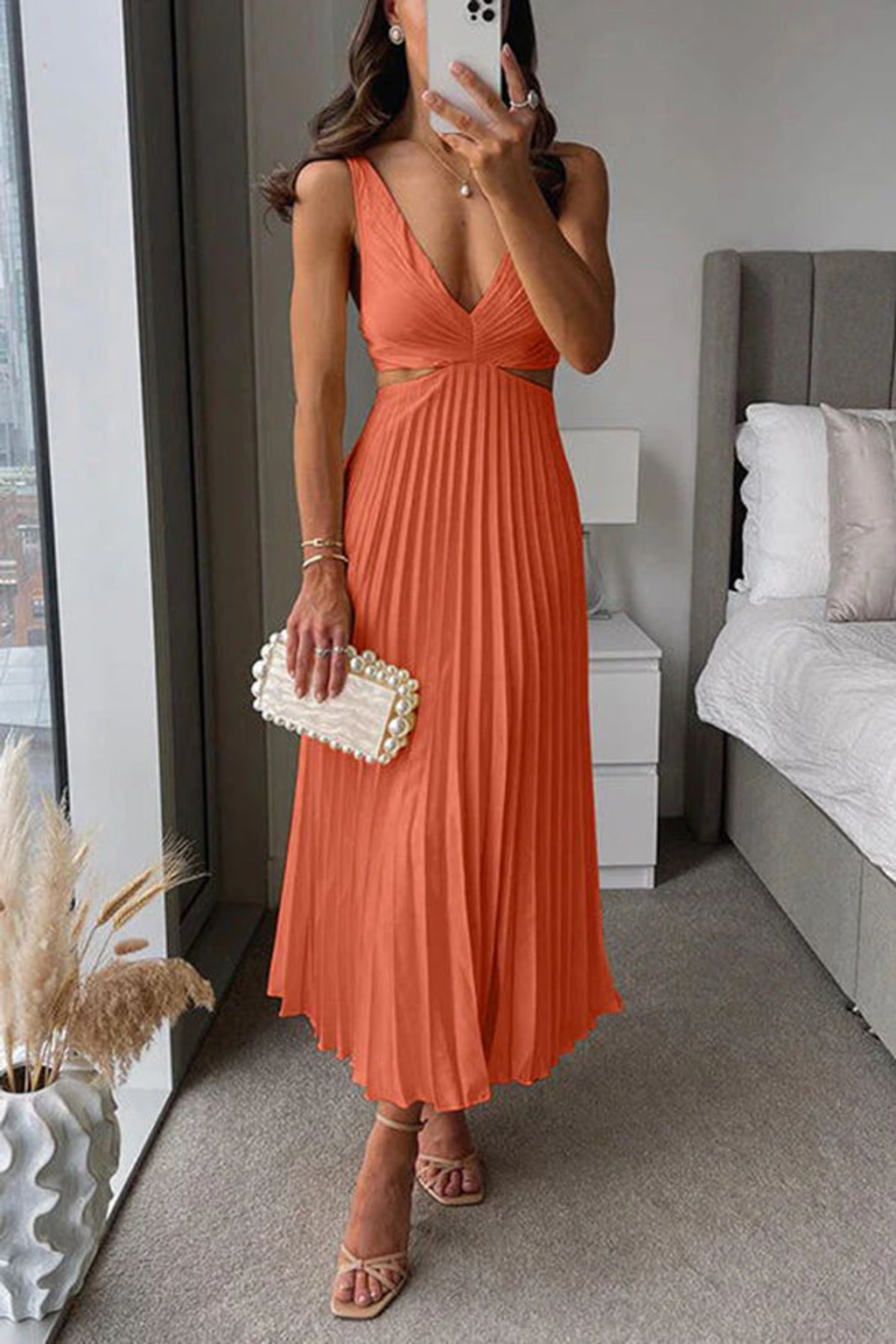 Satin Pleated Midi Dress With Cutout Waist - 7