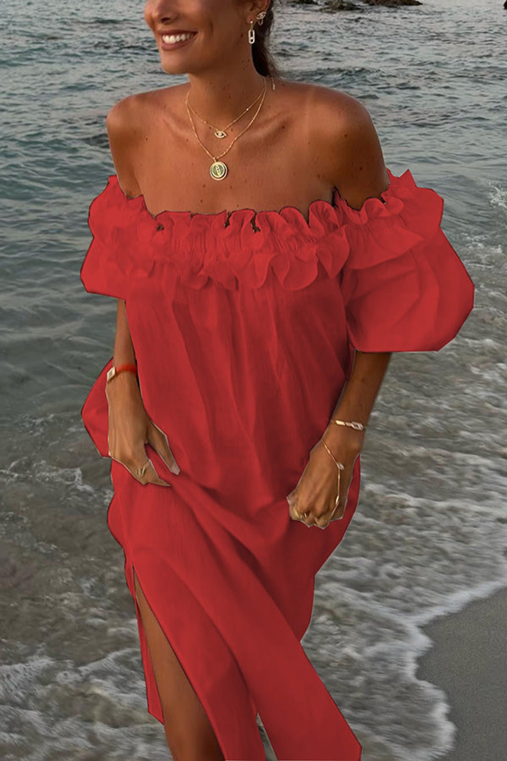 Linen Blend Off Shoulder Midi Dress - 6