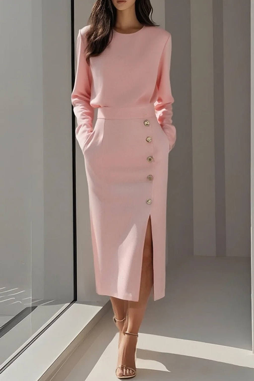 Polyester Long Sleeve Midi Dress With Pocket Detail - 4