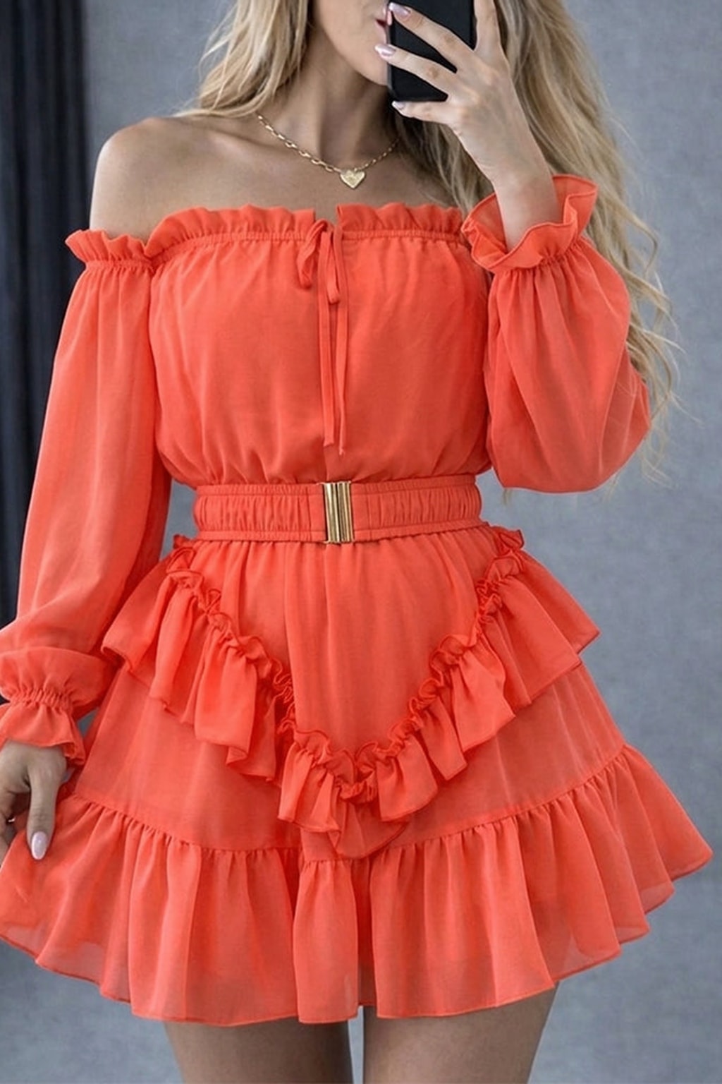 Chiffon Off Shoulder Mini Dress With Ruffle Hem - 2