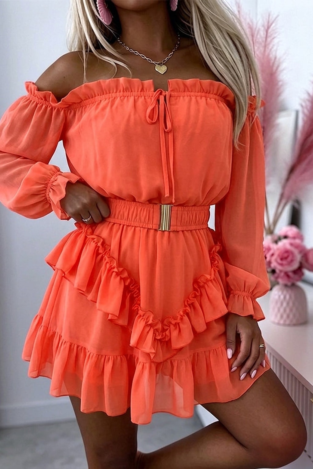 Chiffon Off Shoulder Mini Dress With Ruffle Hem - 5