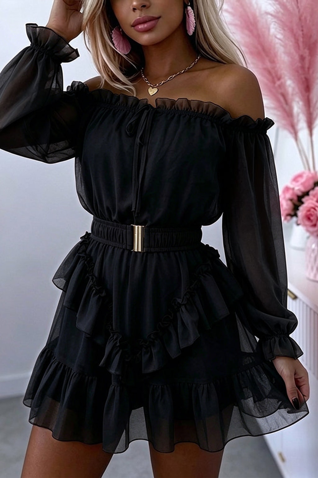 Chiffon Off Shoulder Mini Dress With Ruffle Hem - 6