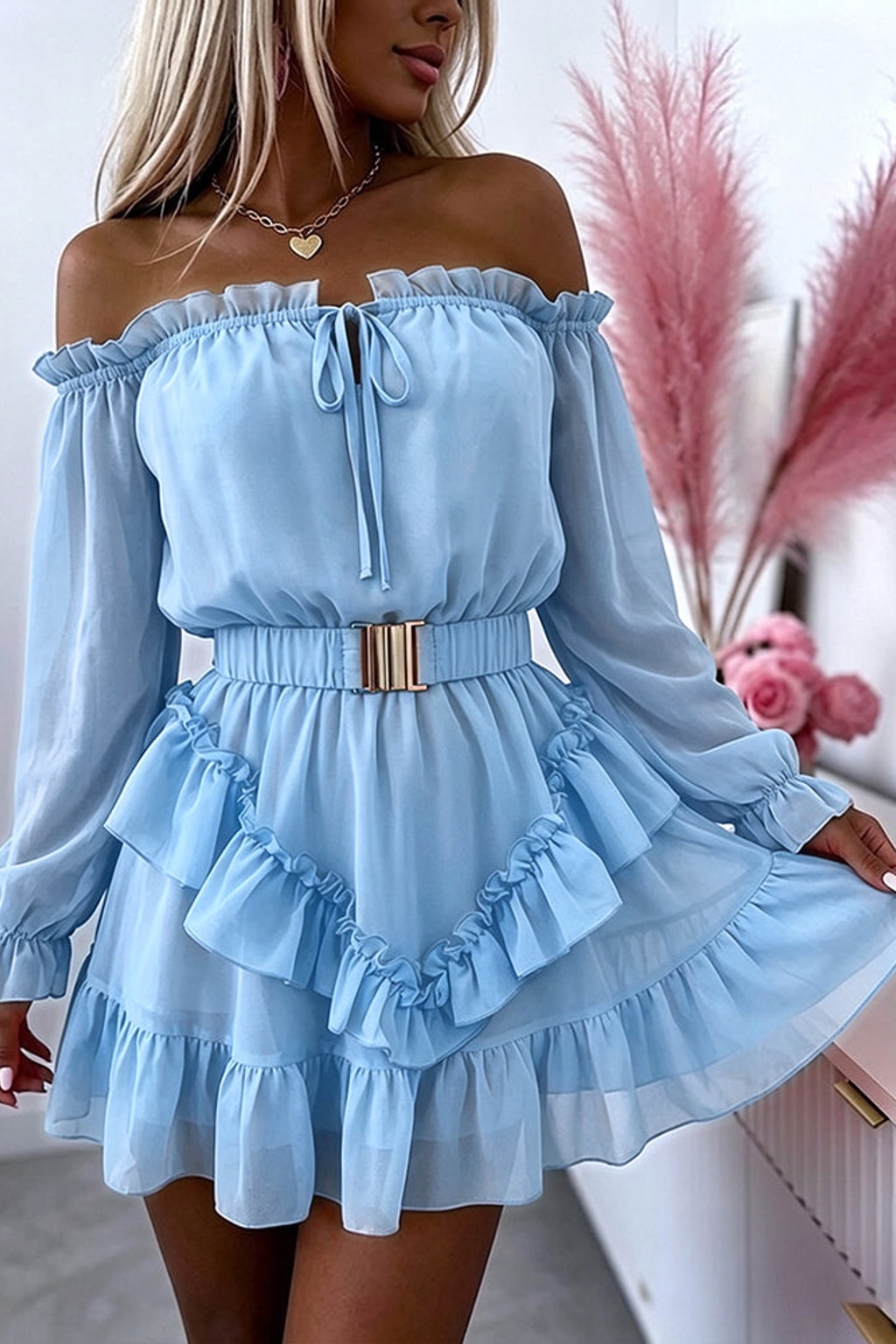 Chiffon Off Shoulder Mini Dress With Ruffle Hem - 7