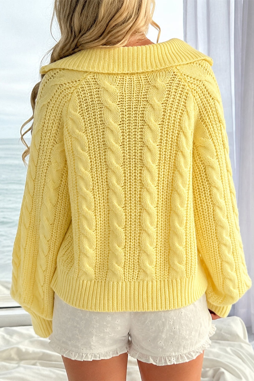Cable Knit Half-Zip Sweater with Thumbhole Cuffs - 4